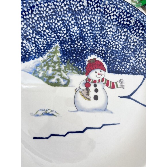 Vtg Thomson Pottery Snowman Christmas Large Serving Plate Blue Spongeware - Picture 2 of 5